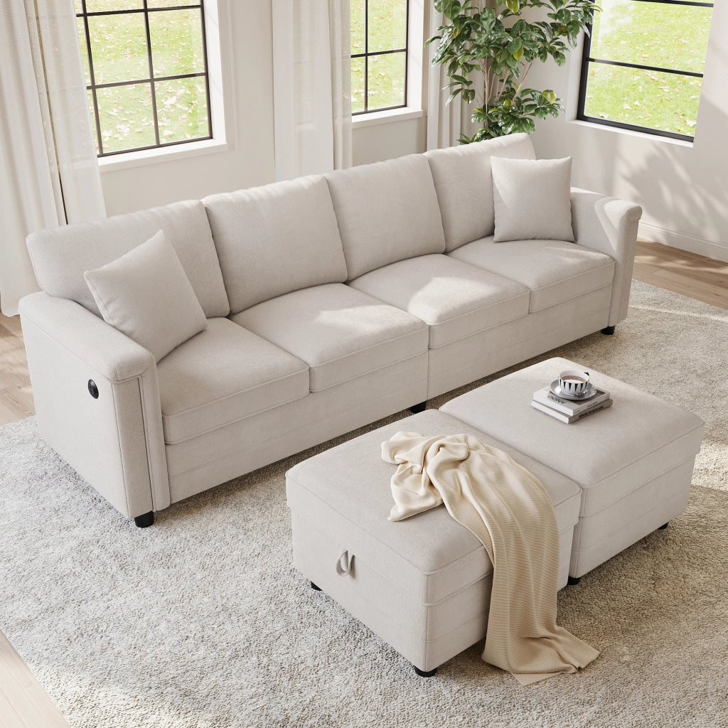 Divano modulare in ciniglia beige 261x134x82 cm con 2 pouf contenitore e 2 cuscini