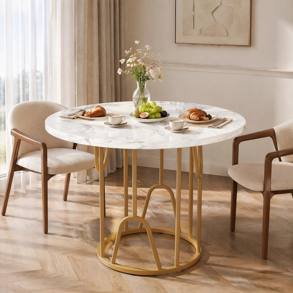 Tavolo da pranzo rotondo 80x80x76 cm con piano in MDF effetto marmo e gambe oro