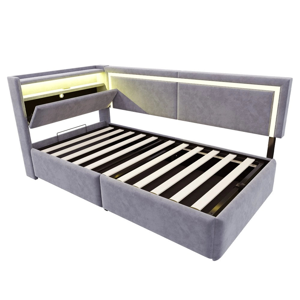 Letto Imbottito Contenitore con LED ¨C MINIMAL ¨C Velluto Grigio Chiaro 90x200