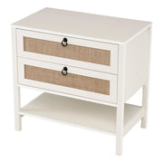 Comodino camera da letto bianco con 2 cassetti e 1 ripiano aperto con rattan decorativo, Tavolino laterale da divano camera per salotto