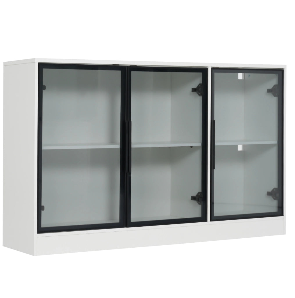 Vetrina ULEVR 120x30x73 cm bianca con vetro grigio, LED multicolore e ante con chiusura ammortizzata