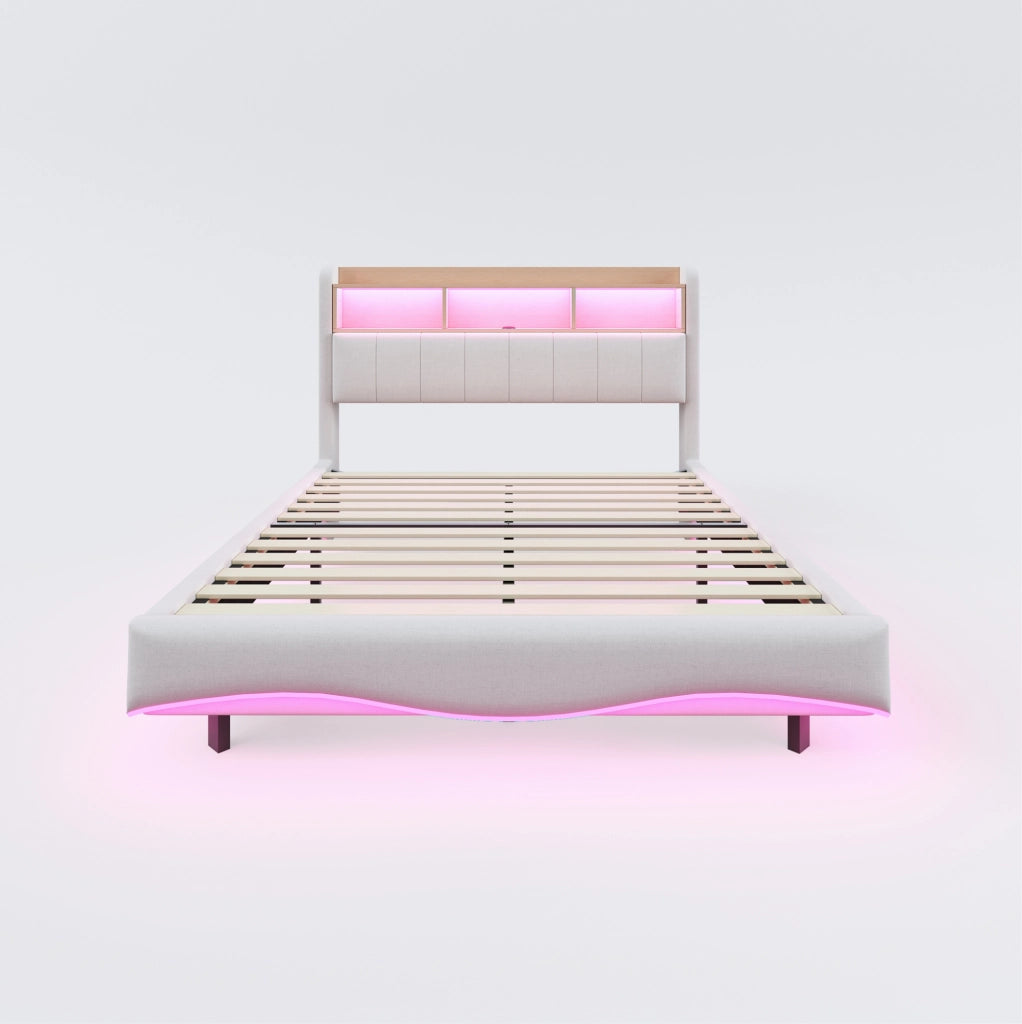 Letto imbottito sospeso 140x200 cm in tessuto di lino beige con luci LED, porte USB e Type-C, contenitore integrato