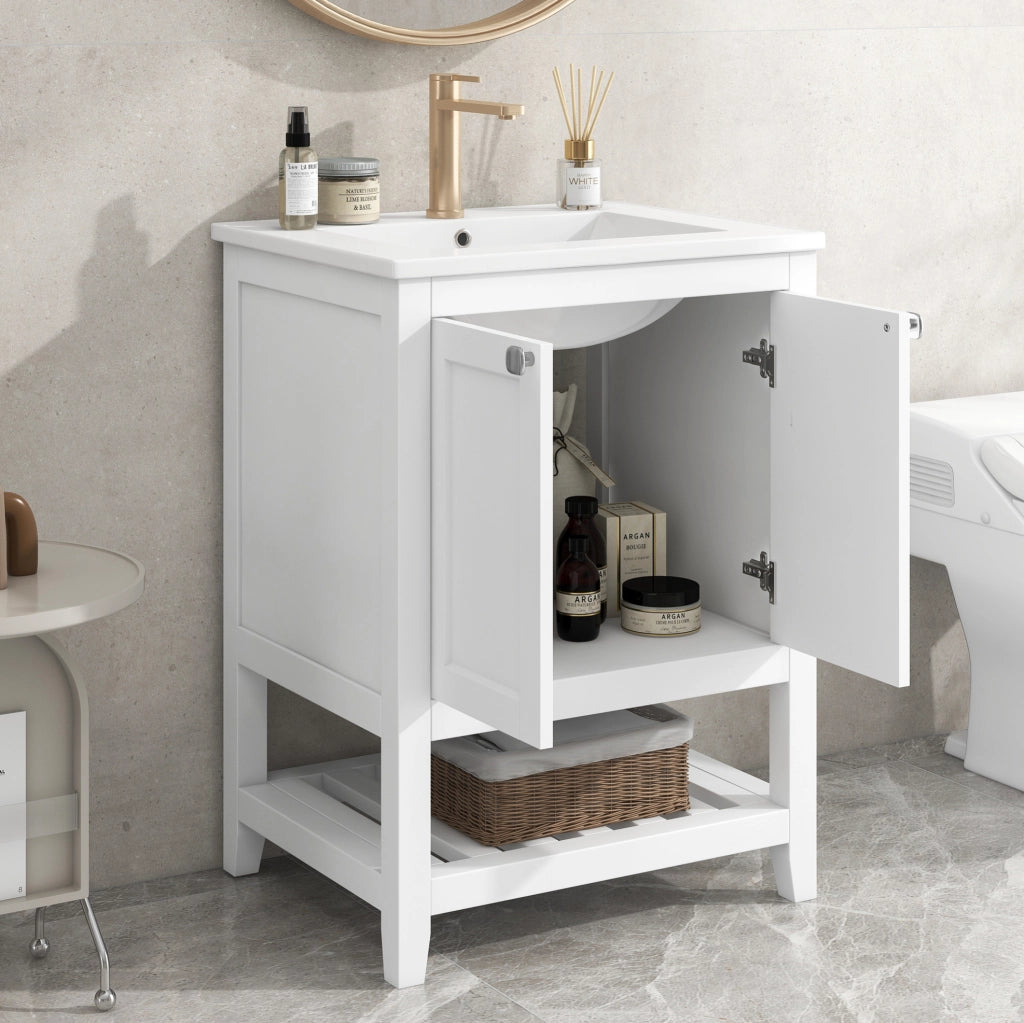 Mobile bagno a pavimento con lavabo in ceramica; bianco; legno massello e MDF