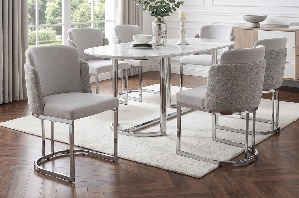 Set da 6 sedie da pranzo moderne con gambe in metallo galvanizzato argento e rivestimento in tessuto Chenille grigio chiaro