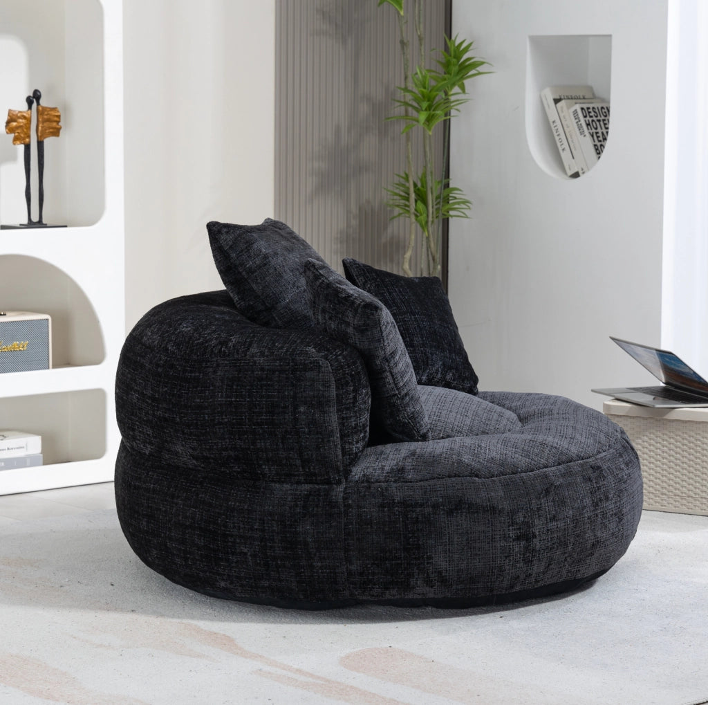 Poltrona sacco singola in ciniglia nera con schienale alto e braccioli; 108 × 108 × 52 cm