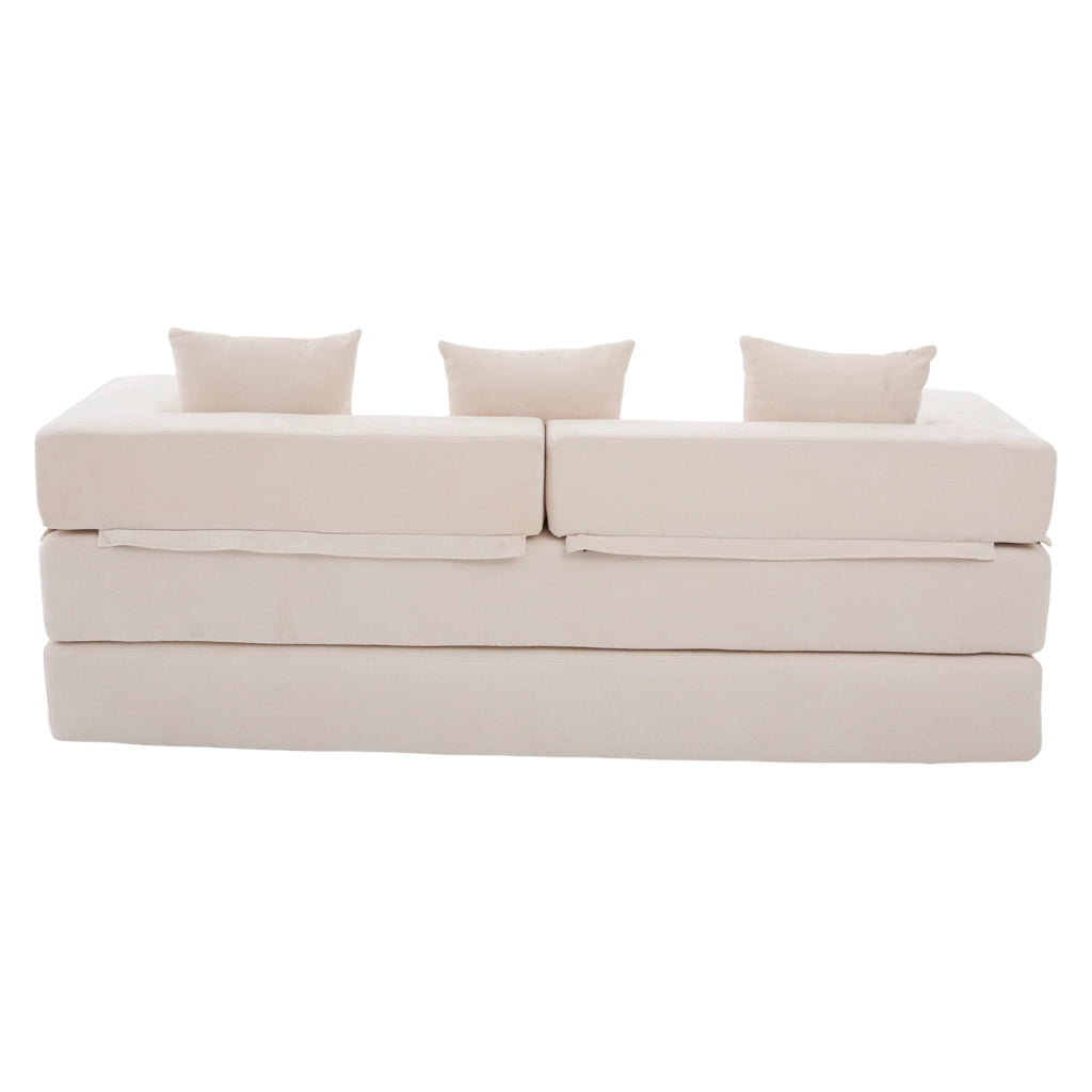 Divano modulare in ciniglia beige con tasche laterali e base antiscivolo
