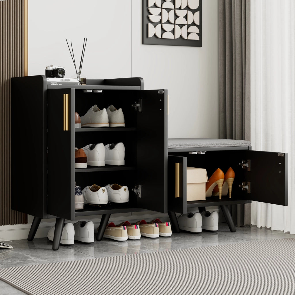 Scarpiera con seduta imbottita e ripiani interni in pannello truciolare nero e noce scuro 120 × 34 × 82 cm
