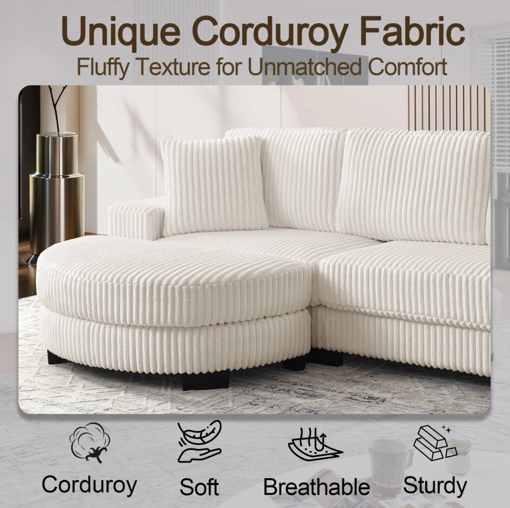 Divano angolare a L 4 posti in velluto a costine beige con pouf ovale modulare e 2 cuscini