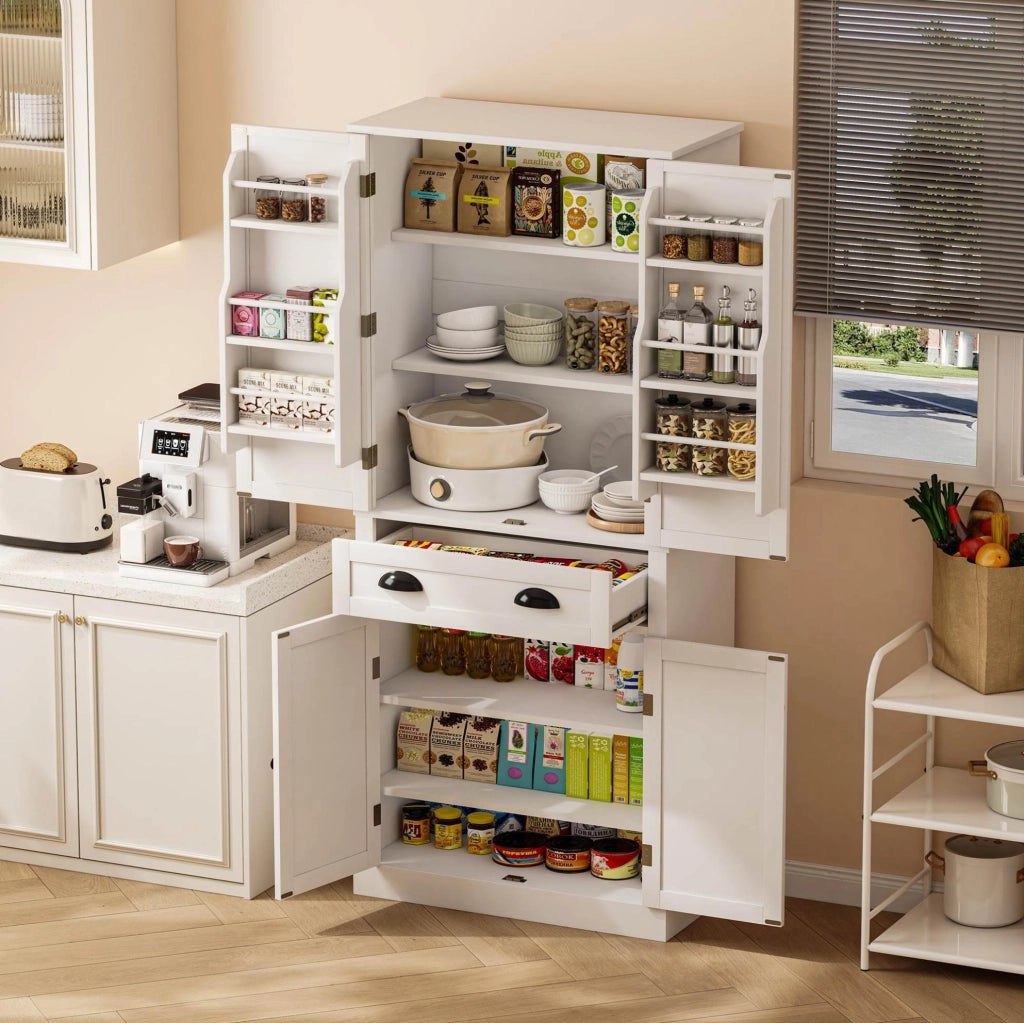 Credenza alta da cucina 80x40x182 cm con 4 ante; cassetto e ripiani regolabili in MDF bianco