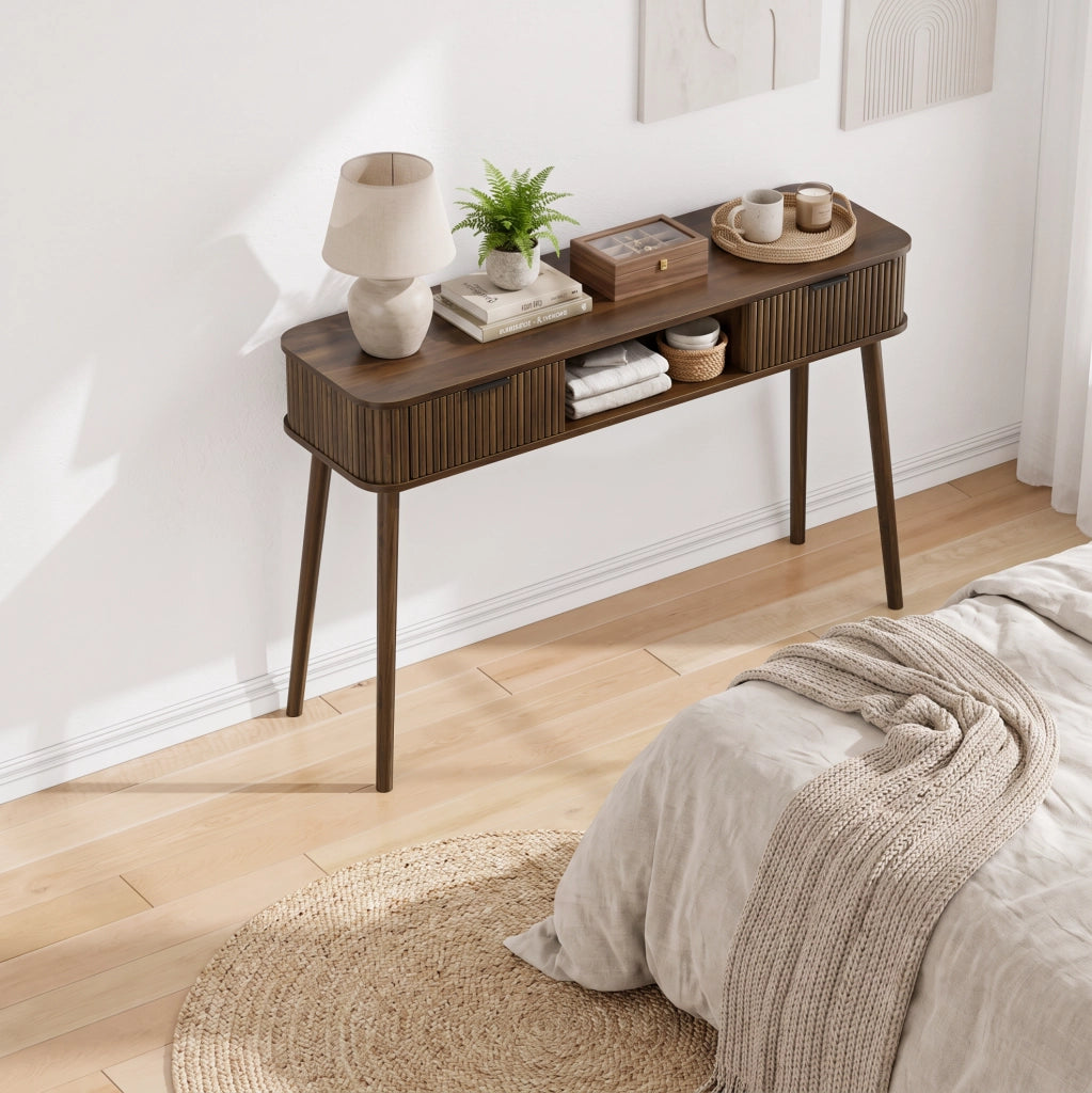 Console ingresso 120x35x77,6 cm in MDF noce, 2 cassetti, salvaspazio