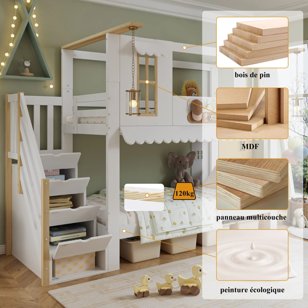 Letto a castello per bambini 90 × 200 cm con scala contenitore in legno e MDF bianco e naturale con tetto