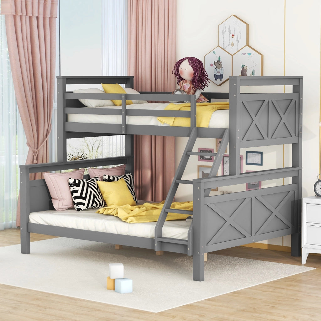 Letto a castello convertibile in due letti in legno di pino e MDF grigio con scala inclinata e sponde