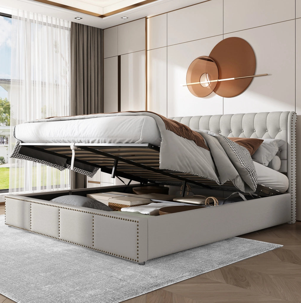 Letto matrimoniale 160x200 cm con contenitore in cotone e lino; grigio