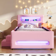 Letto piattaforma imbottito rosa 90x200 cm con scale, cassetti, luci LED e tasche portaoggetti