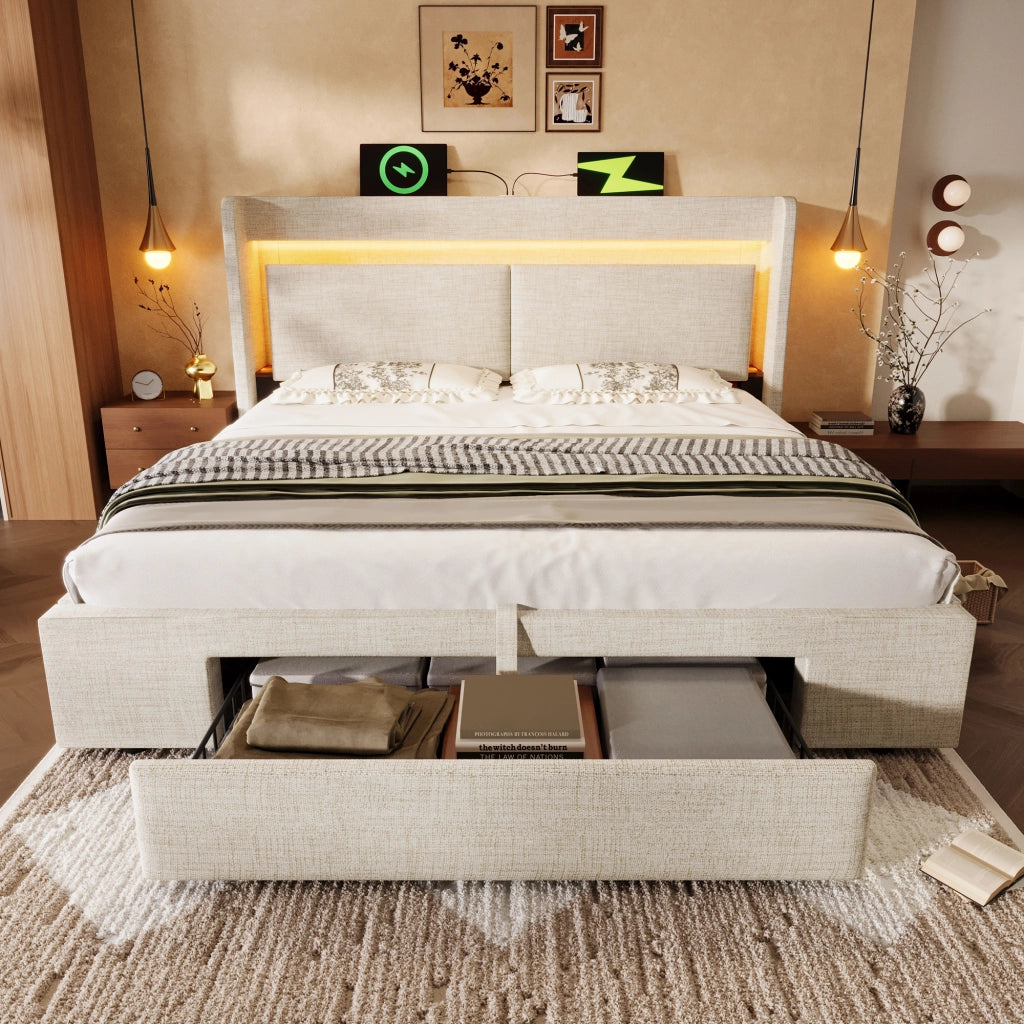Letto contenitore 180 × 200 cm con testiera portaoggetti LED USB e USB-C in lino beige