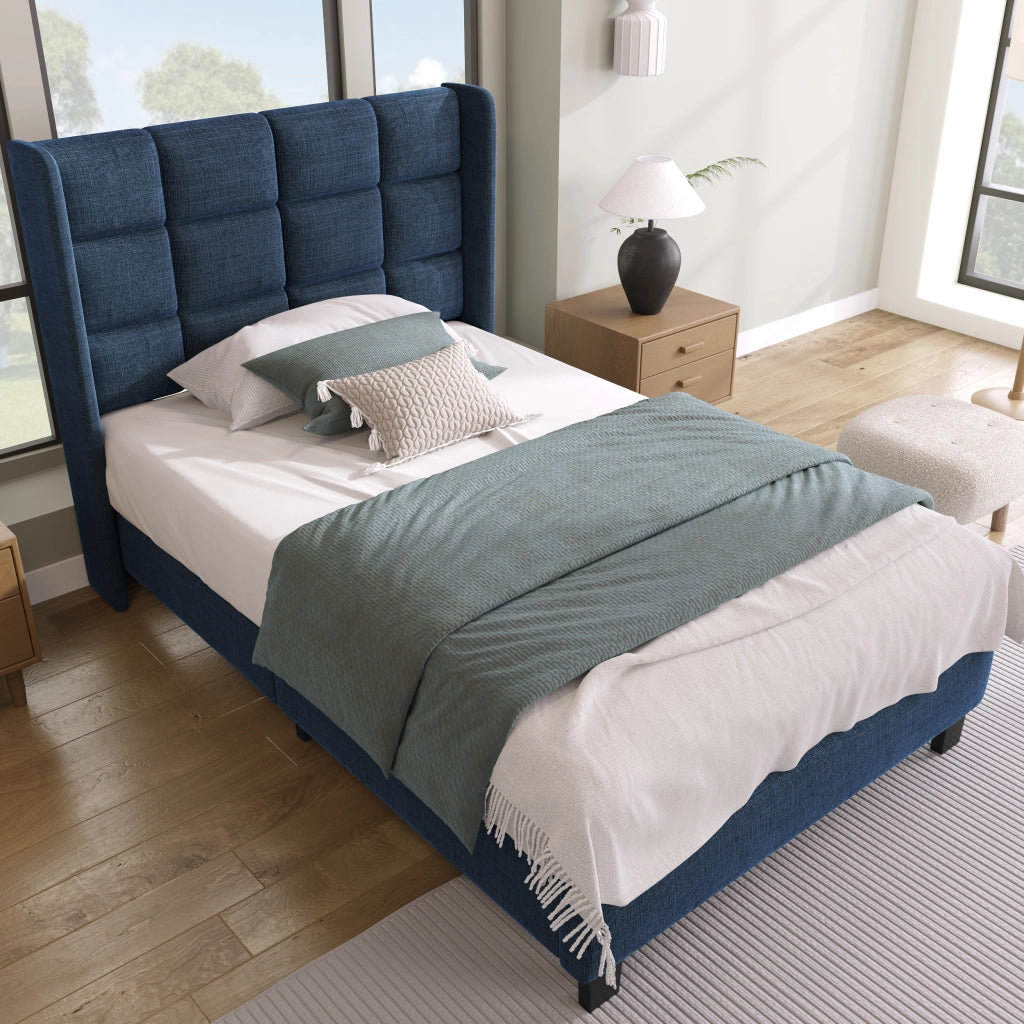 Letto Singolo 90x200 Imbottito in Lino Blu con Testiera e Rete a Doghe