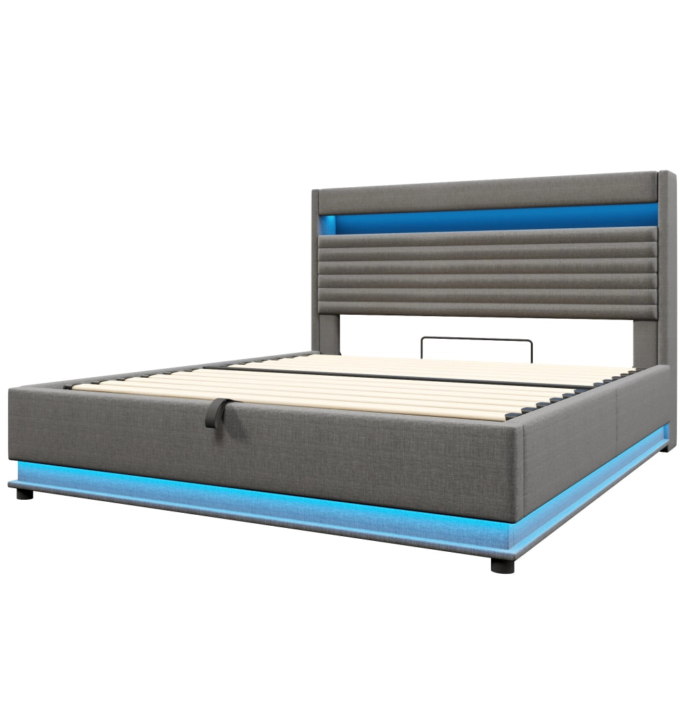Letto imbottito 180 × 200 cm con contenitore idraulico; LED; USB e USB-C; lino grigio