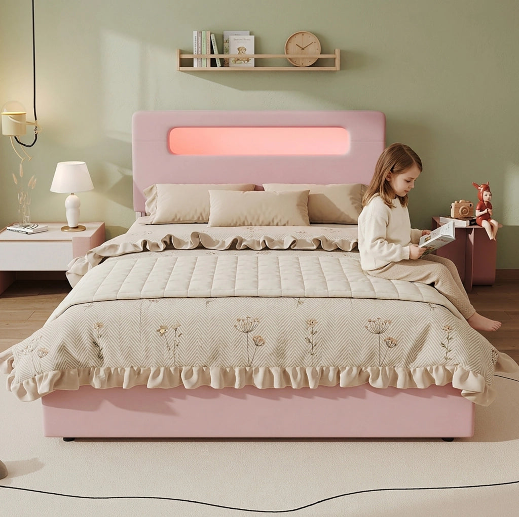 Letto imbottito ULEVR 140x200 cm rosa con 4 cassetti laterali, testiera con vano aperto e LED controllato tramite app