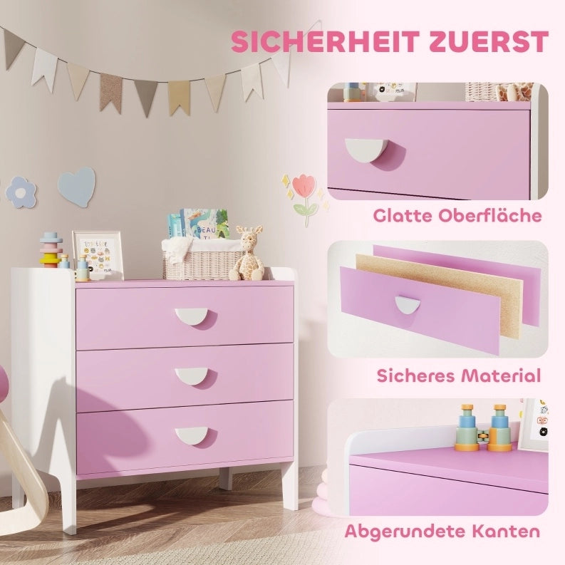 Cassettiera per bambini rosa e bianca con 3 cassetti