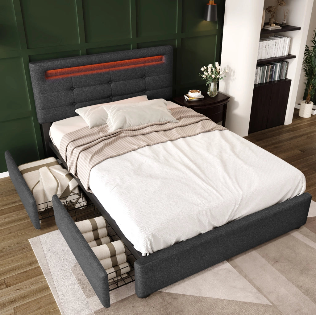 Letto singolo 90x200 cm con LED, 2 cassetti e rivestimento in lino grigio