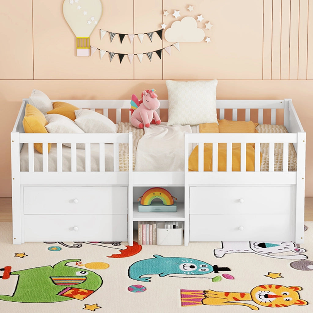 Letto a soppalco 90×200 cm con 4 cassetti; sbarre e scala; senza materasso; pino; bianco; per camera da letto