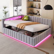 Letto imbottito 140x200 cm con contenitore idraulico, LED e USB in velluto grigio