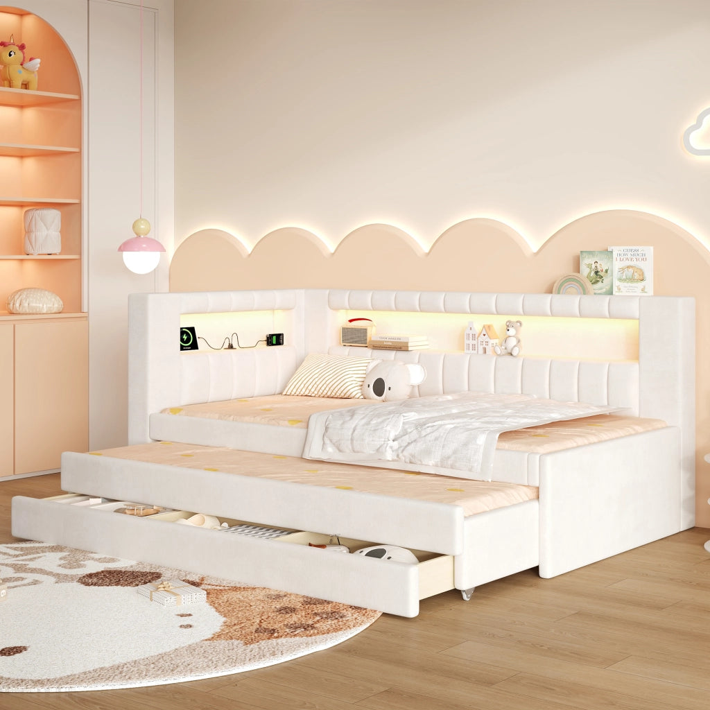 Letto singolo imbottito 90 × 200 cm con letto estraibile tre cassetti LED USB in MDF compensato bianco