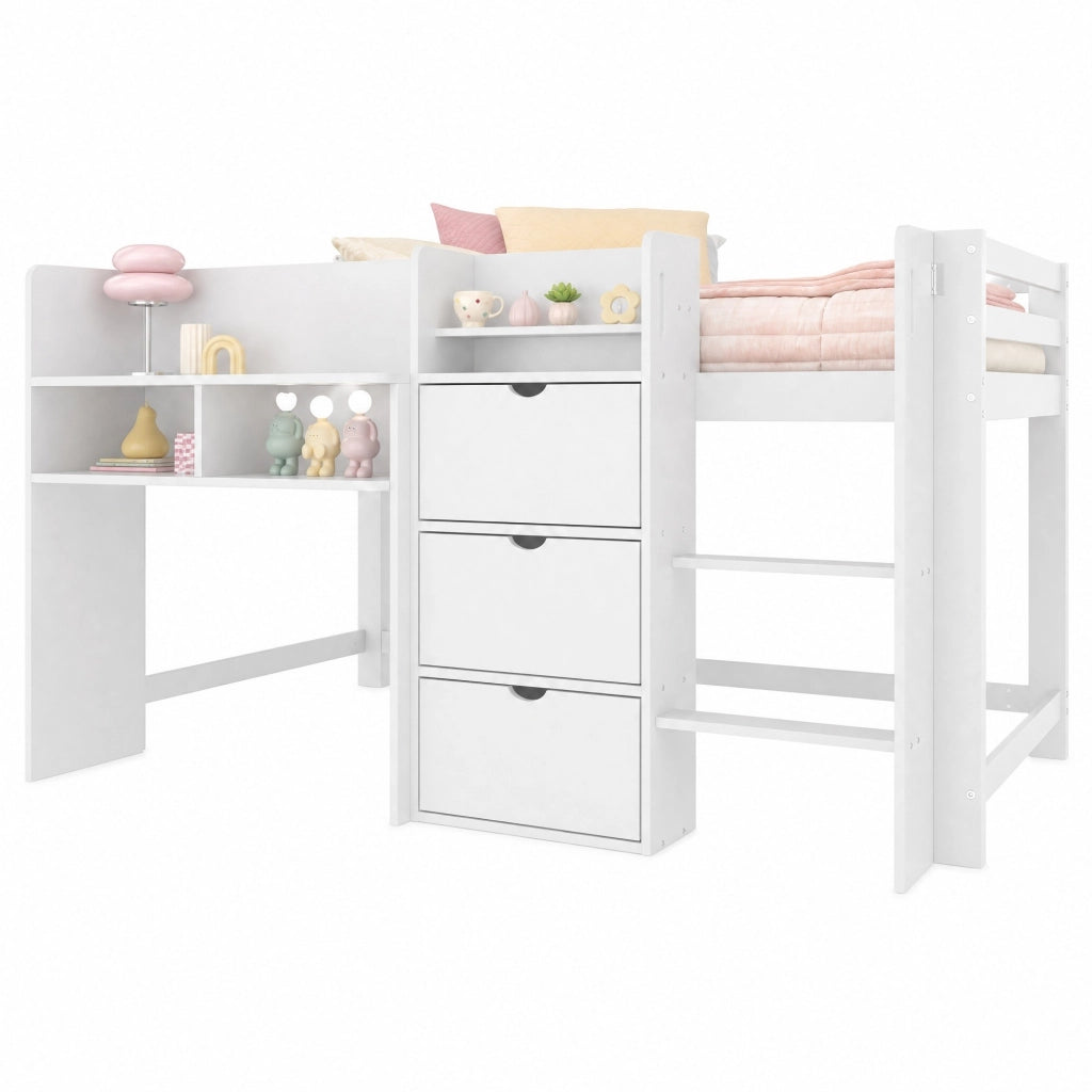 Letto a soppalco per bambini 90x200 cm in pino bianco con contenitori