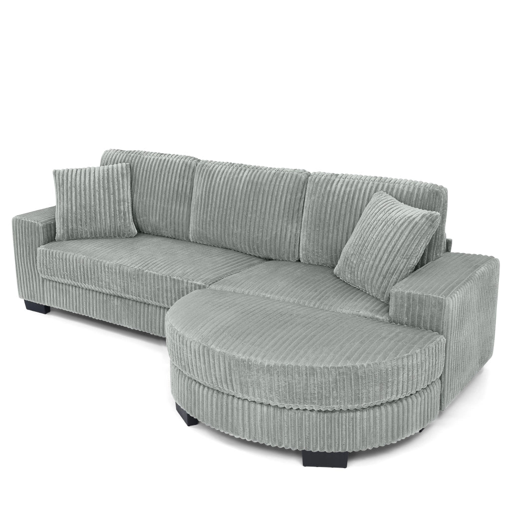 Divano angolare modulare 4 posti con pouf ovale reversibile e 2 cuscini, in velluto a coste grigio