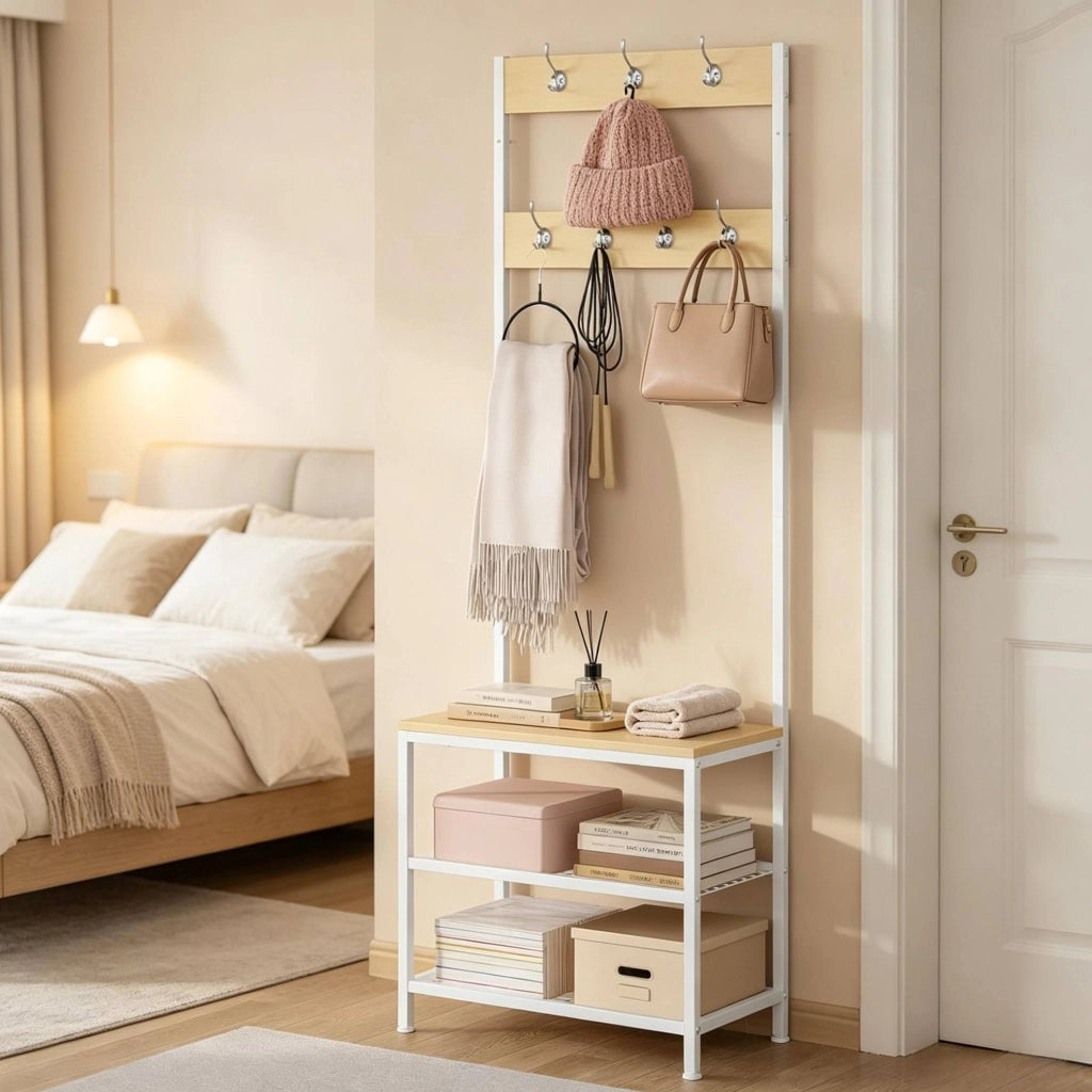Appendiabiti con panca e scarpiera; 7 ganci doppi e 2 ripiani; 60 ¡Á 31;5 ¡Á 170 cm; bianco