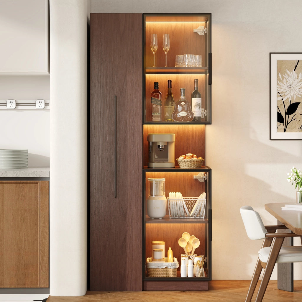 Vetrina con ripiani laterali estraibili; vetro temperato; LED multicolore e struttura in MDF effetto noce
