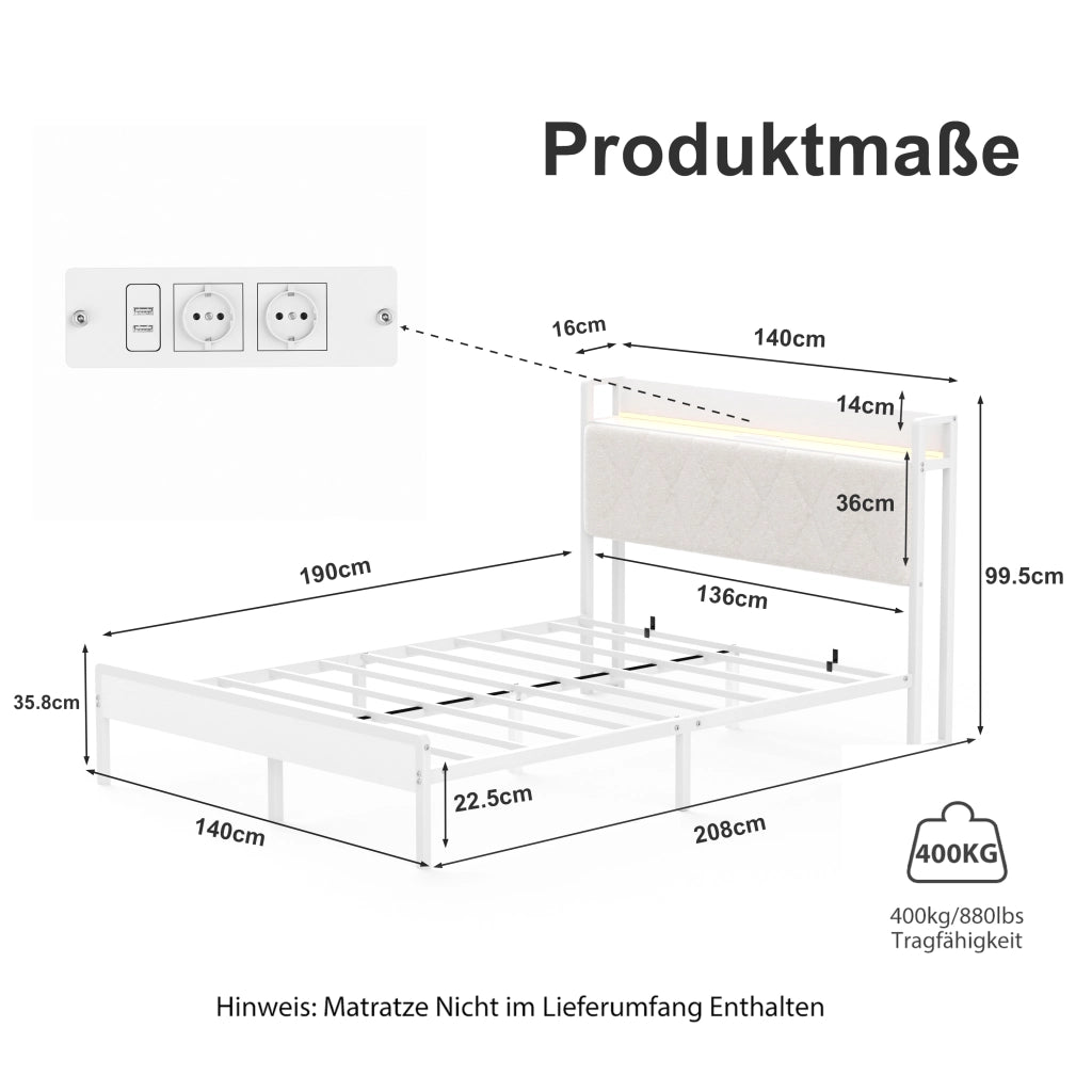 Letto Matrimoniale 140x190 cm con LED e USB; in Lino e Acciaio; Bianco