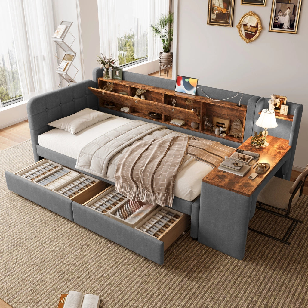 Letto multifunzione 90x200 cm con cassetti, scrivania e porte USB
