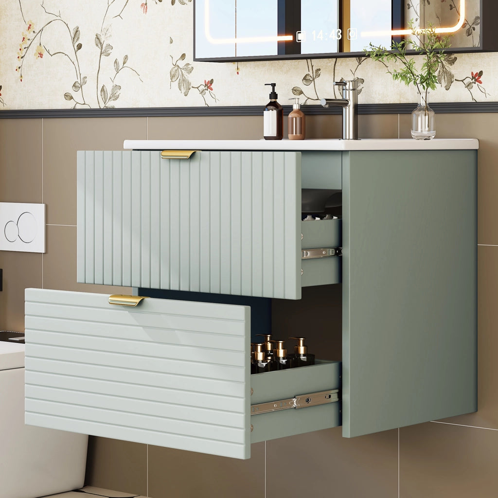 Mobiletto con lavabo sospeso in MDF laccato e ceramica; 2 cassetti ammortizzati verde menta 61 × 46 × 57 cm