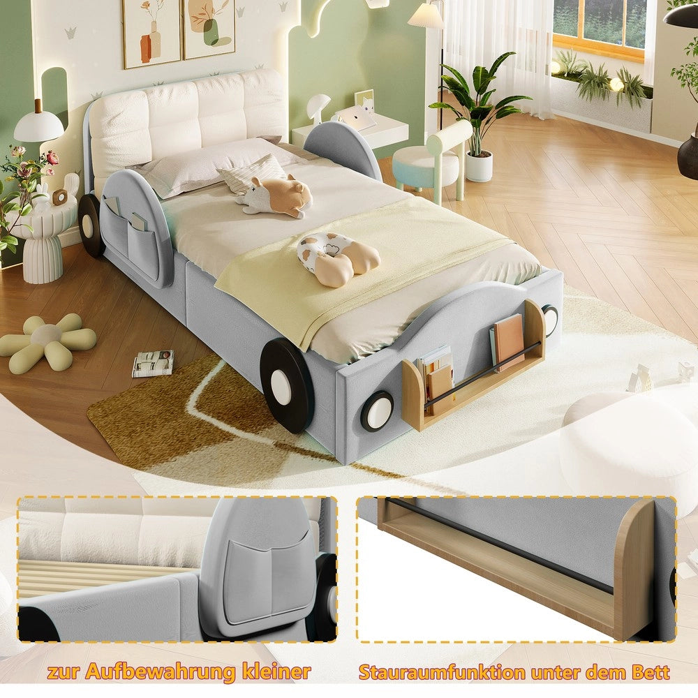 Letto imbottito contenitore 90x200 ¨C Minimal ¨C Velluto grigio idraulico con tasche laterali e vano libri