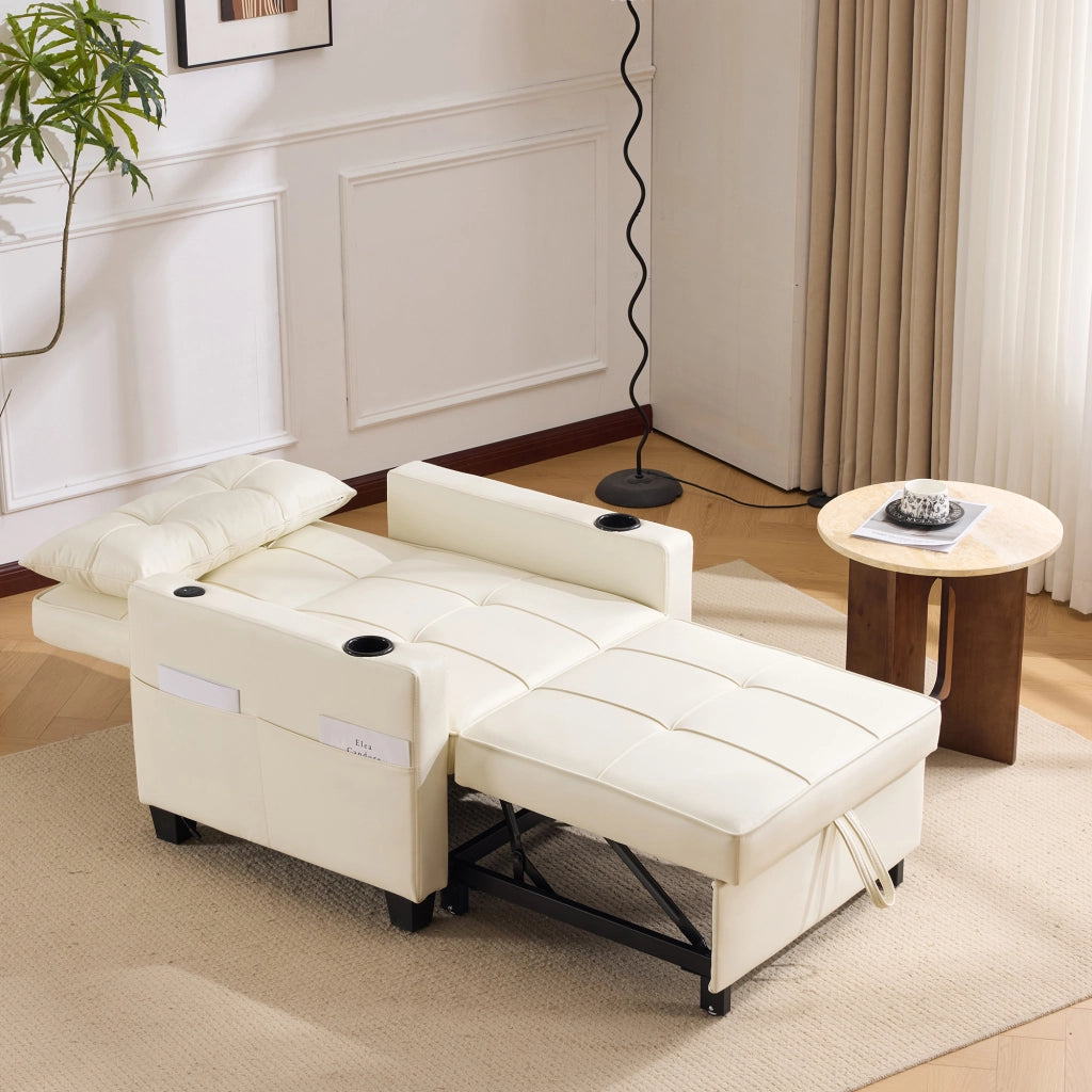 Poltrona letto estraibile 3 in 1 con schienale regolabile, portabicchieri e tasca laterale in ecopelle bianca