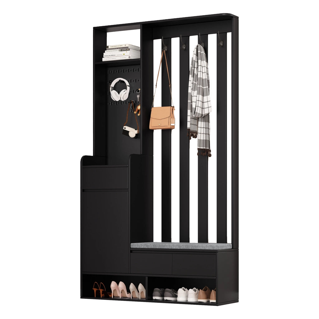 Mobile da ingresso con panca imbottita, 1 cassetto, vani aperti, pannello forato e 4 ganci, nero, 100 × 35 × 180 cm