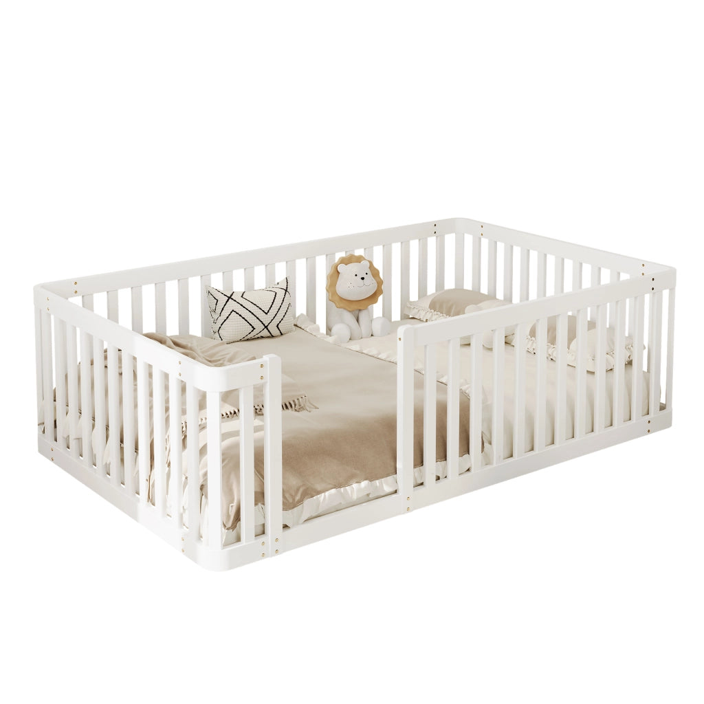 Letto per bambini 90 × 200 cm 1 posto con recinto di sicurezza, senza materasso, in legno di pino, bianco