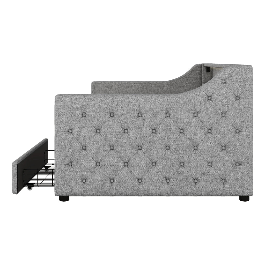 Divano letto 90 × 200 cm con 2 cassetti; rete a doghe; LED multicolore con telecomando; USB; lino e MDF grigio