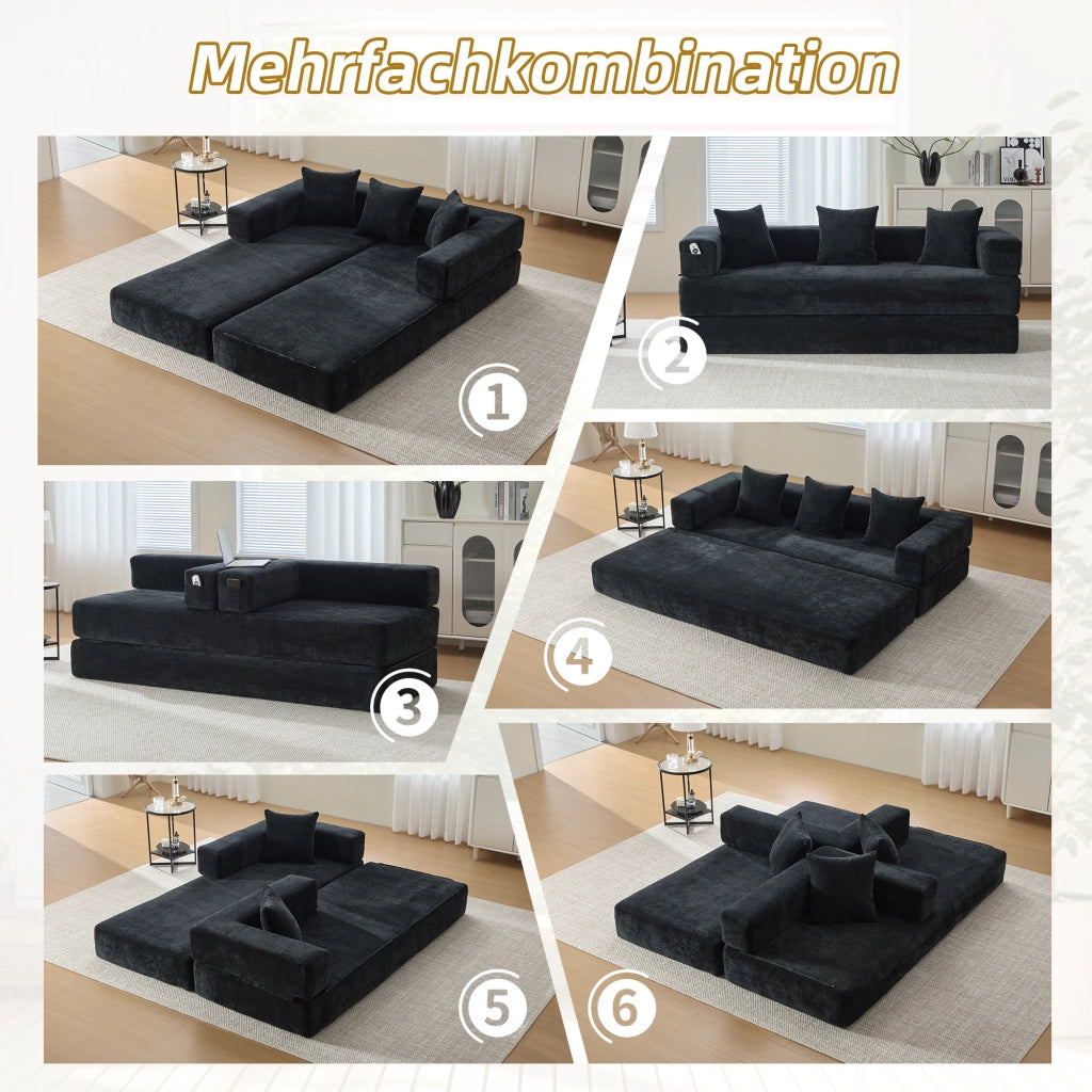 Divano modulare in chenille con tasche laterali e base antiscivolo - nero