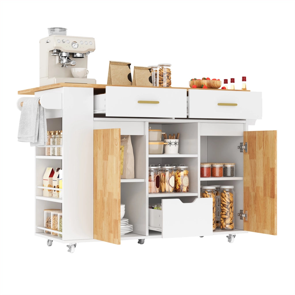 Isola da cucina mobile con piano ribaltabile; 3 cassetti e portaspezie a 3 livelli; bianco; 120x45(71)x90 cm