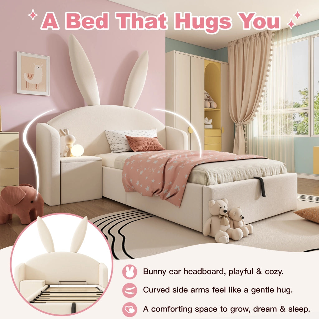 Letto junior 90x200 cm in velluto beige con contenitore, comodino integrato e design con orecchie