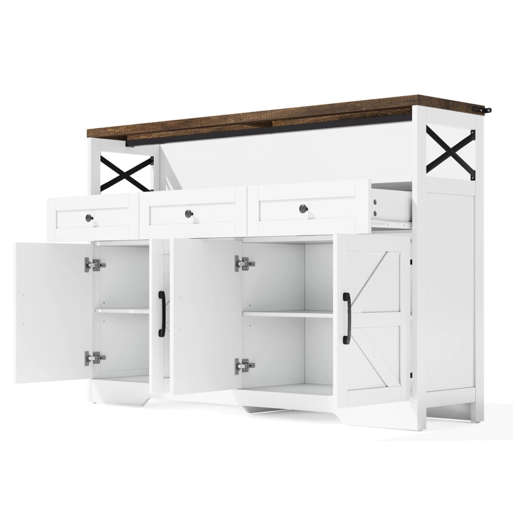 Buffet 140 cm con 3 cassetti; 2 ante e vano aperto; MDF; marrone e bianco