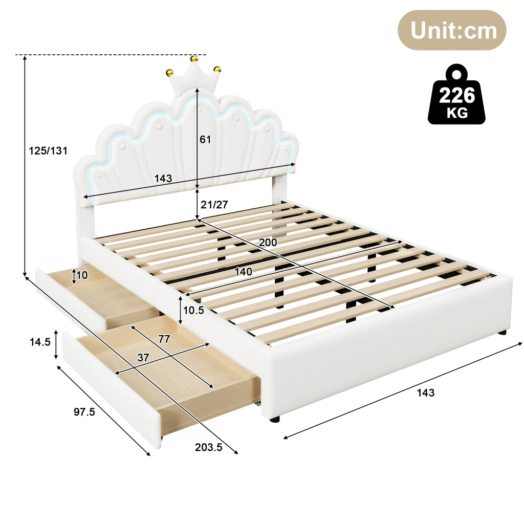 Letto matrimoniale Princess imbottito 140x200cm con 2 cassetti e forma di corona in PU bianco