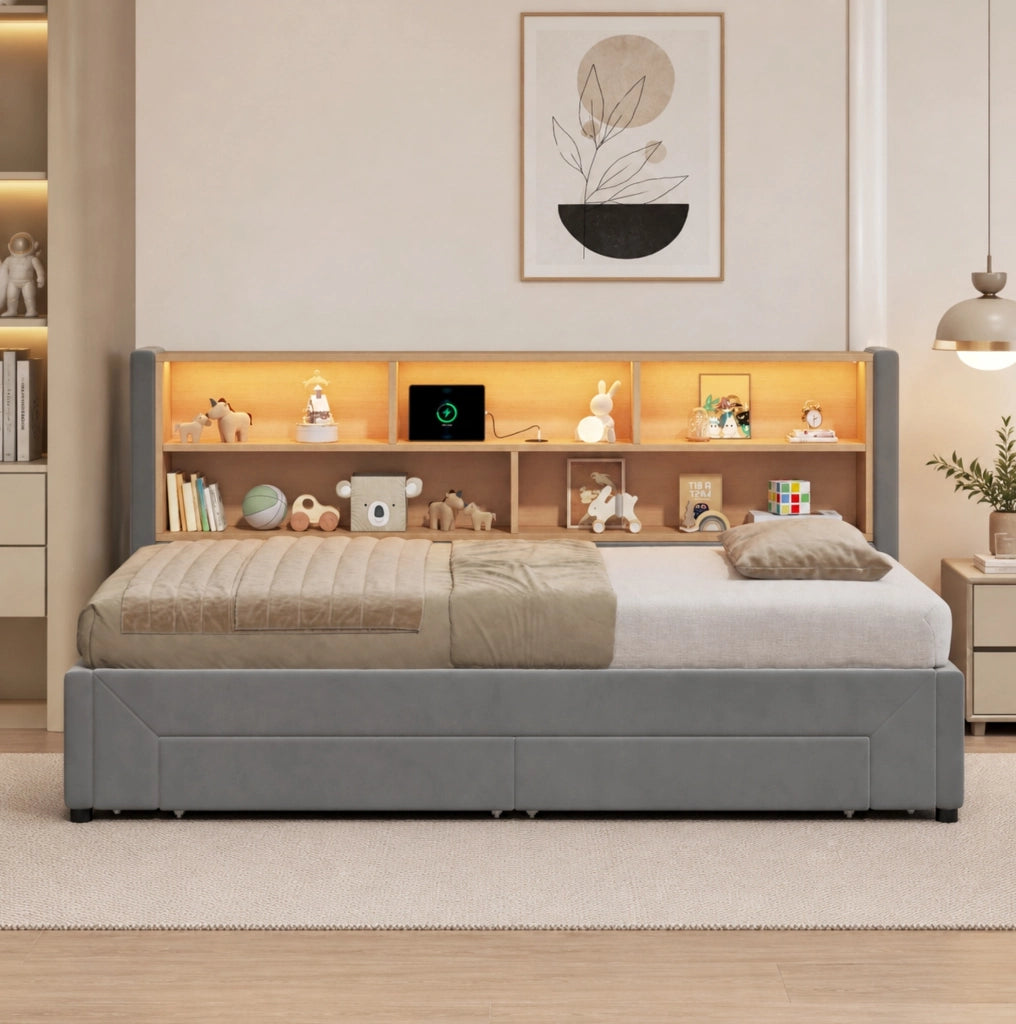 Letto singolo estraibile 90x200 cm con 2 cassetti; LED e USB/Type-C in velluto grigio HOMVRA
