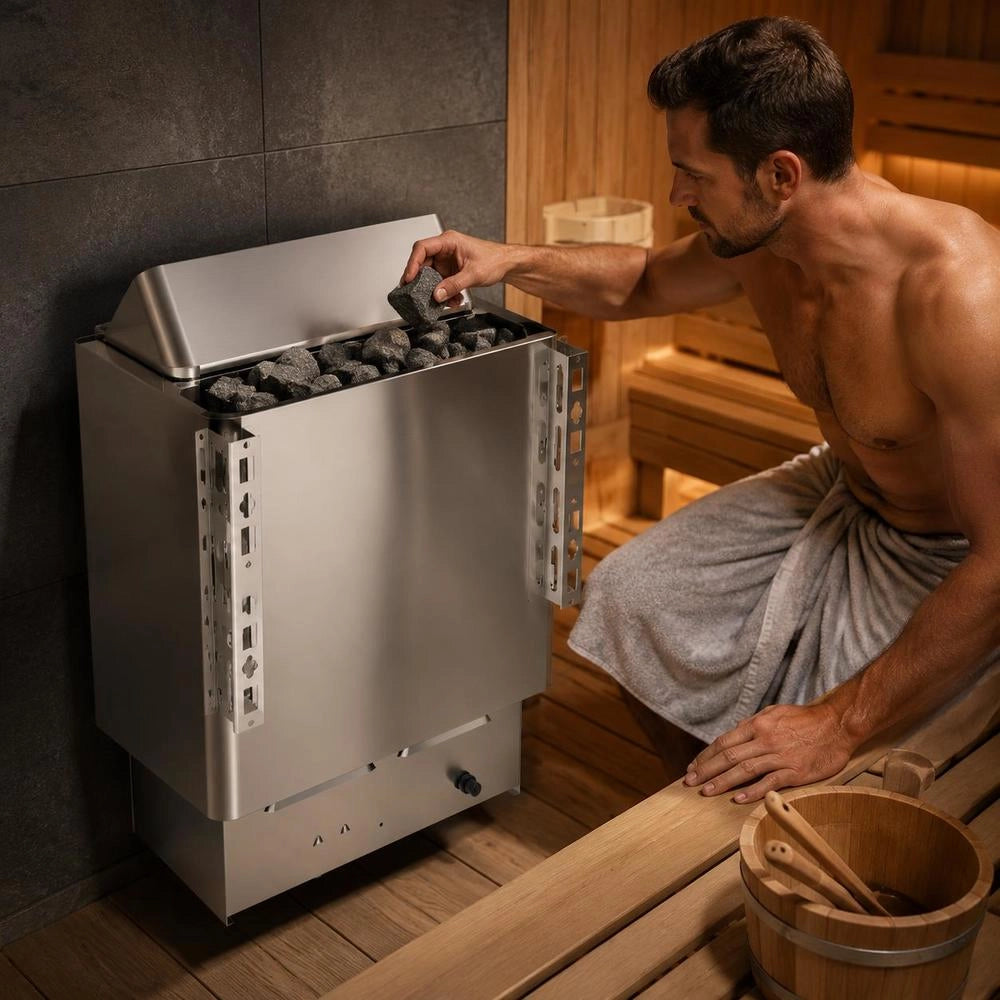 9 KW Sauna Heater, Electric Sauna Heater 380 V - 415 V, Stainless Steel Sauna Heater, 20 Kg Sauna Stones, Electric Sauna Heater With 2 Modes (temperature, Time), For 9-13 M³ Sauna Room, 190 Cm Height, With Wall Bracket