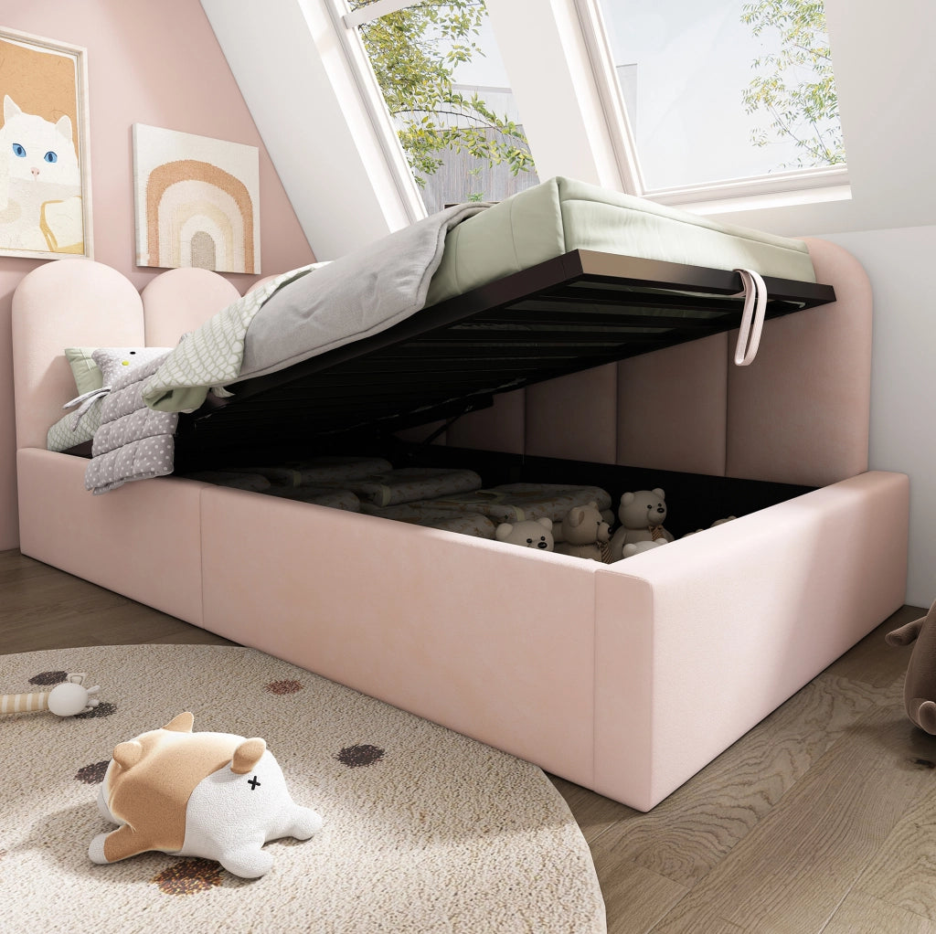 Letto singolo imbottito rosa 90x200 cm con contenitore idraulico