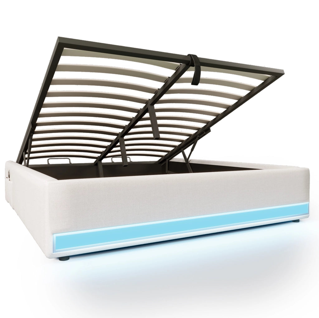 Letto imbottito 140x200 cm senza testiera con LED, USB e Type-C, contenitore idraulico, beige