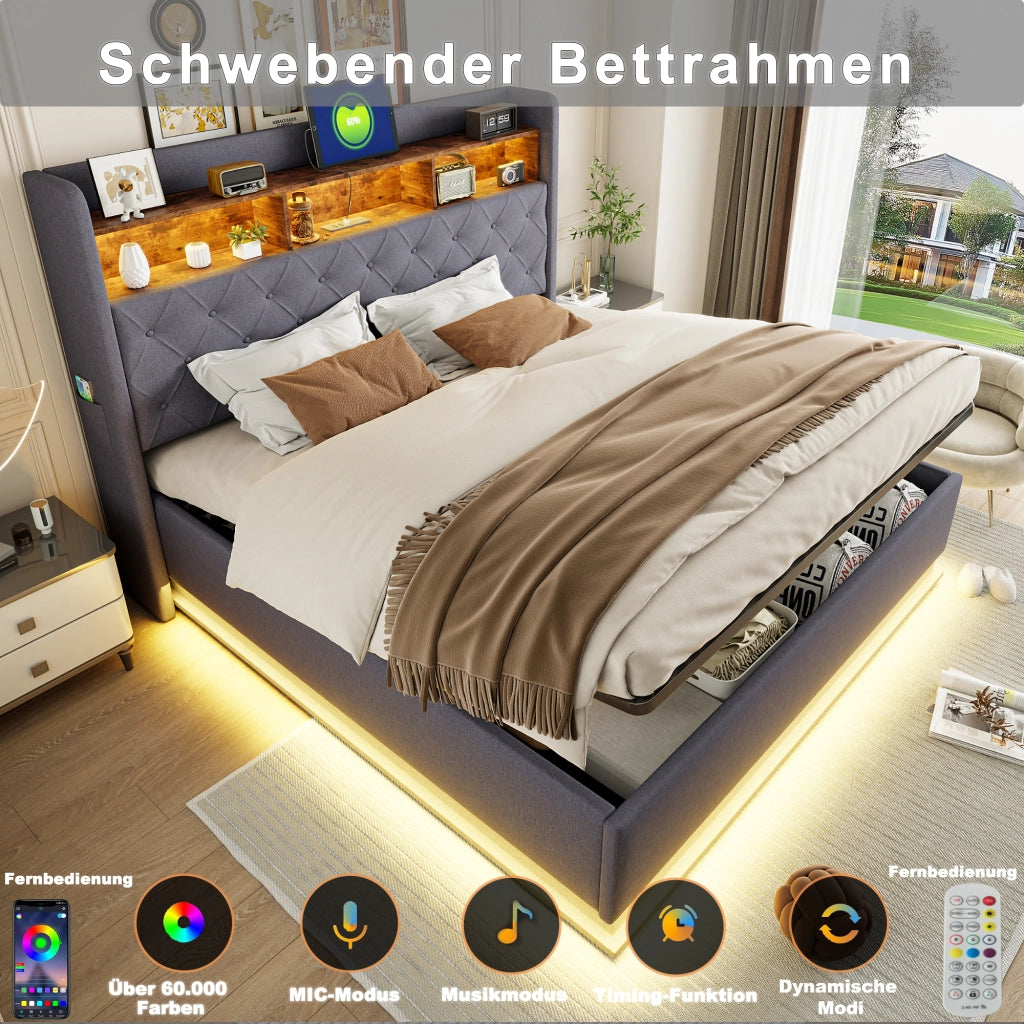 Letto imbottito LED 180 x 200 cm, letto contenitore imbottito con ricarica USB e contenitore idraulico, lino delicato sulla pelle - Grigio