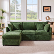 Divano modulare configurabile a L con pouf mobile; 3-4 posti; chenille verde; 216 x 161 x 81 cm